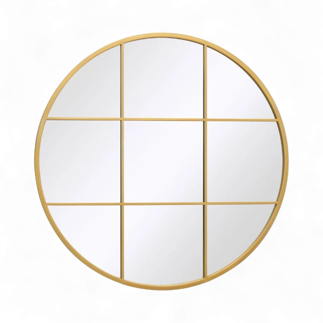 Round Wall Mirror with Gold Grid Frame