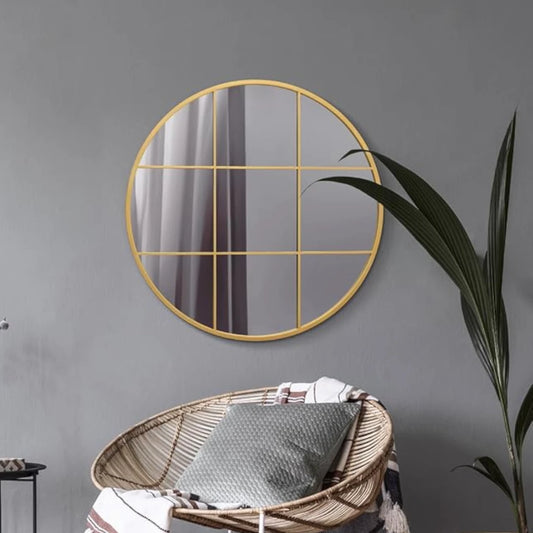 Round Wall Mirror with Gold Grid Frame