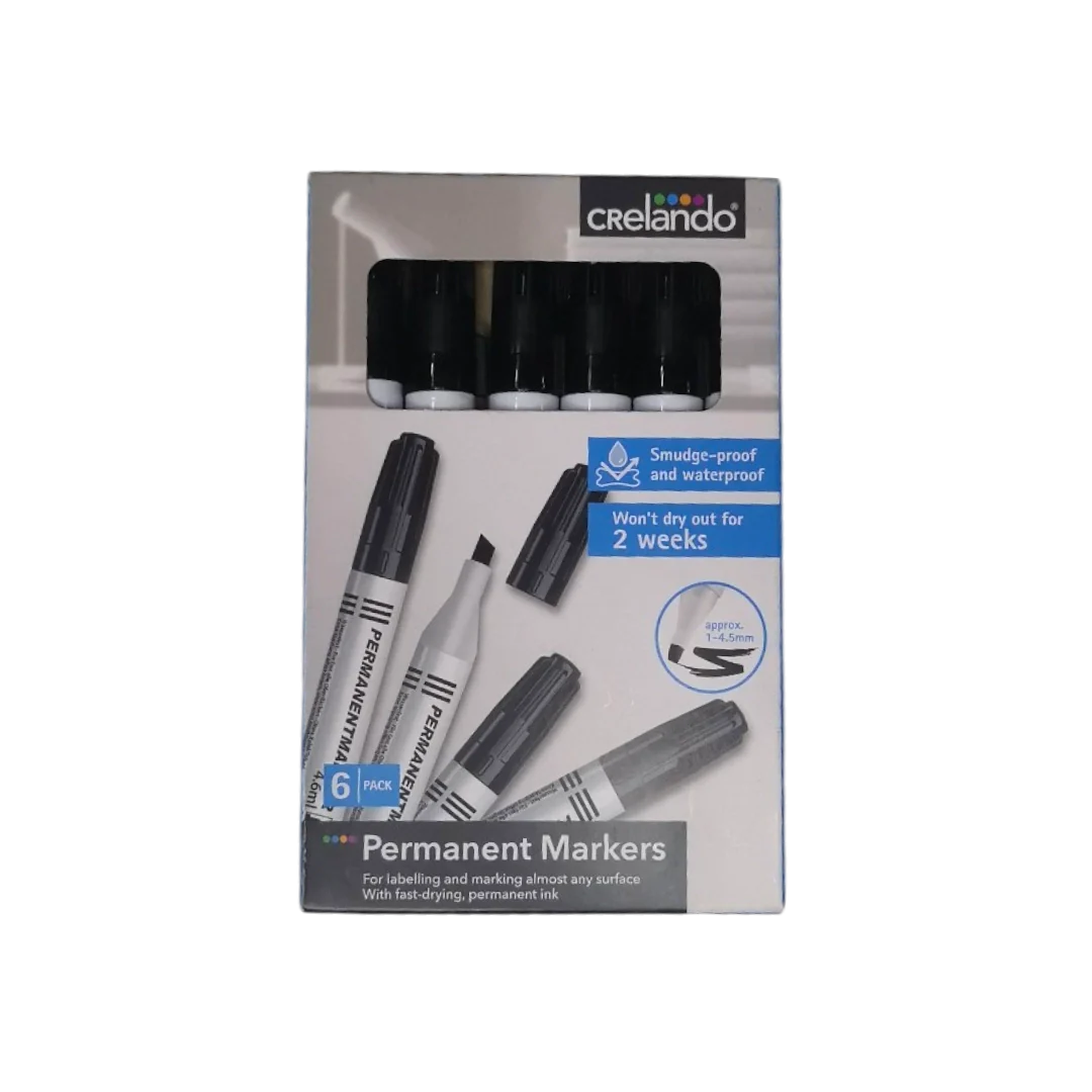 Crelando Permanent Black Markers - 6 Pcs